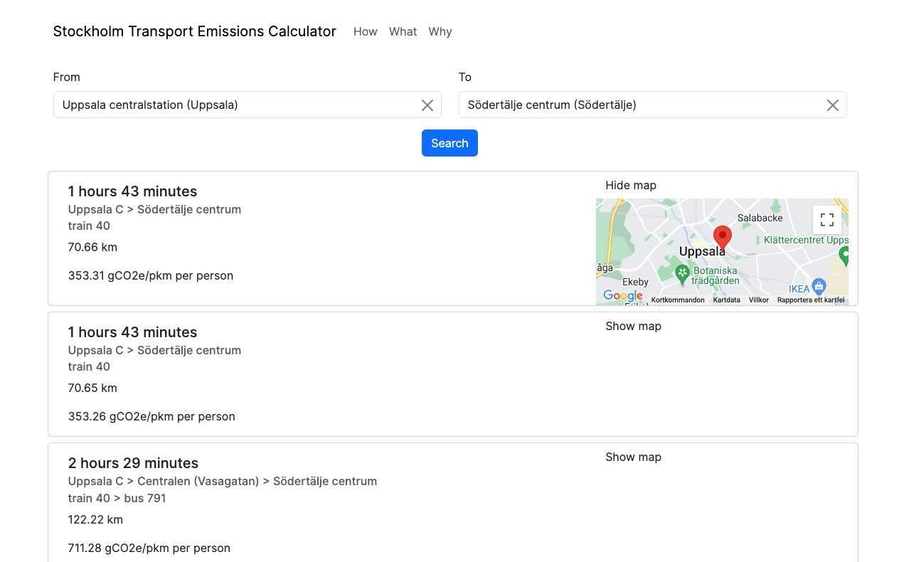 Screenshot of Stockholm Transport Emissions Calculator after a search